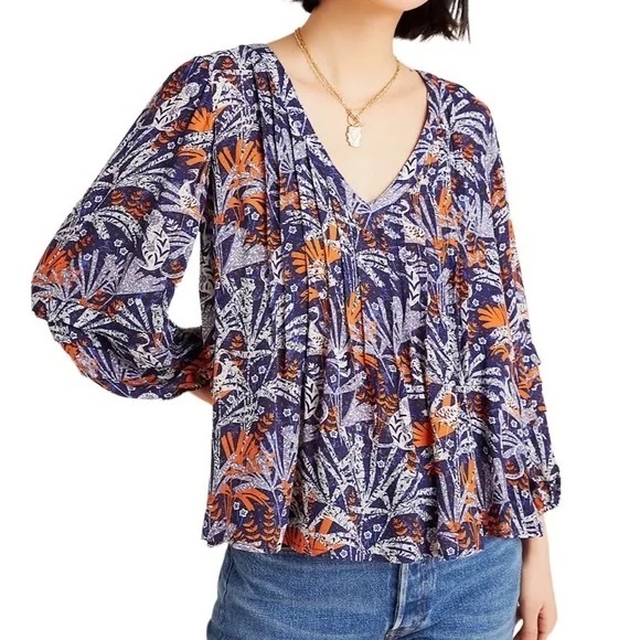 Anthropologie Maeve Cathy Pleated V Neck Blouse - Picture 1 of 12